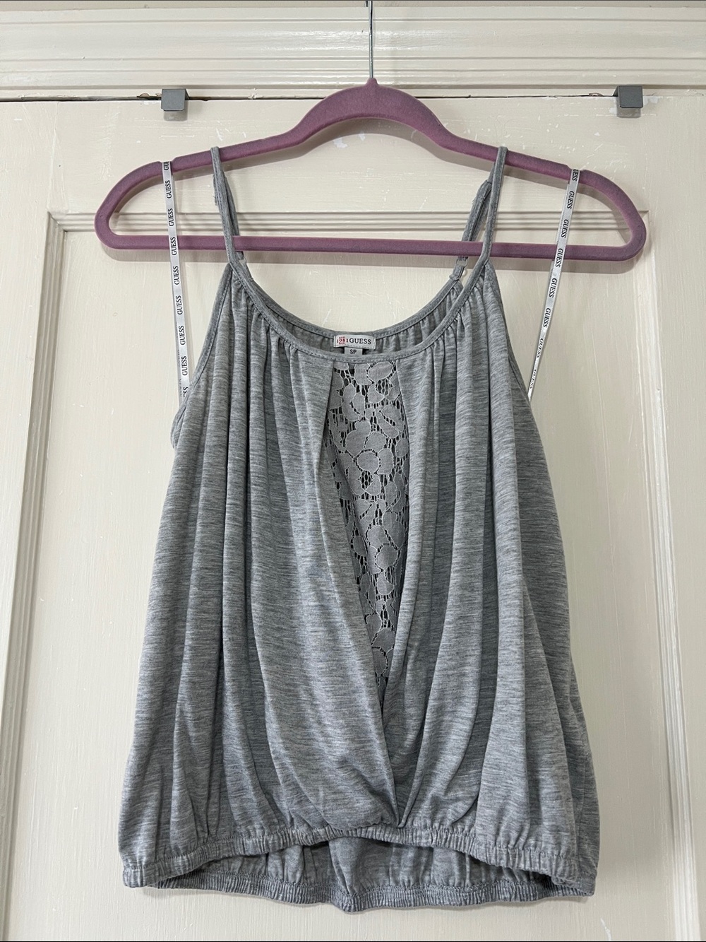 Guess Gray Lace-Front Gathered Hem Camisole